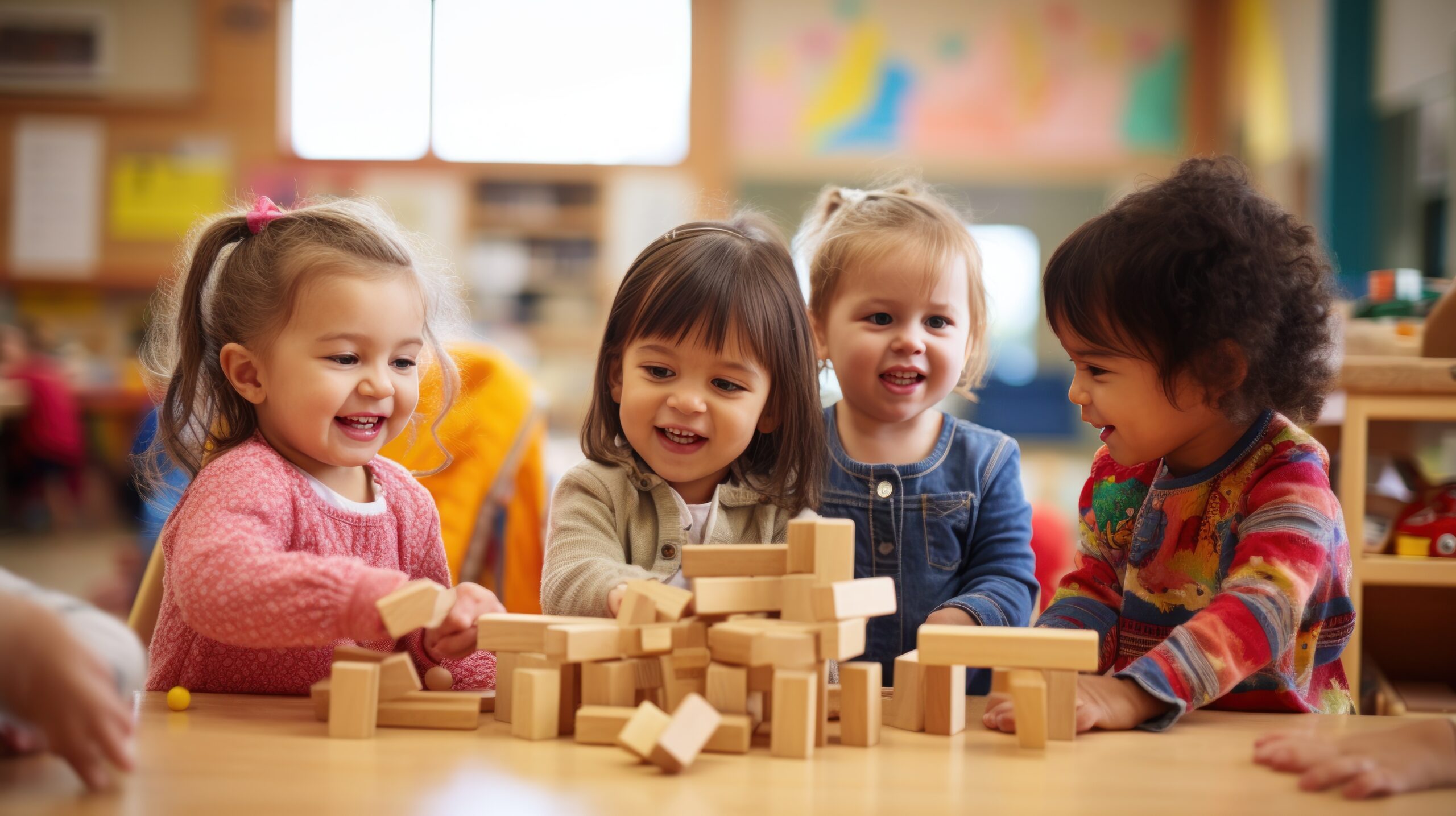 Vier kleine Kinder spielen zusammen mit Bauklötzen - Fortbildung für pädagogische Fachkräfte zur Einführung in die offene Arbeit