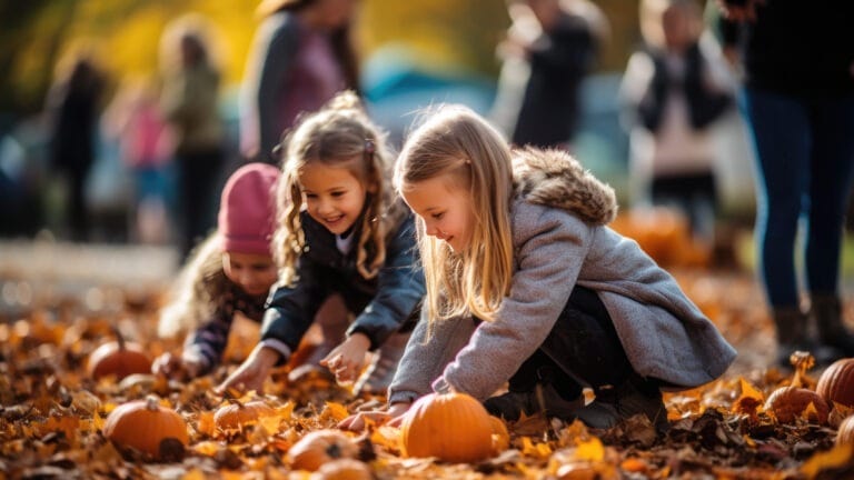 Drei Kinder spielen mit Kürbissen im Freien - Pädagogische Online Fortbildung für Natur-, Wald- und Erlebnispädagogik