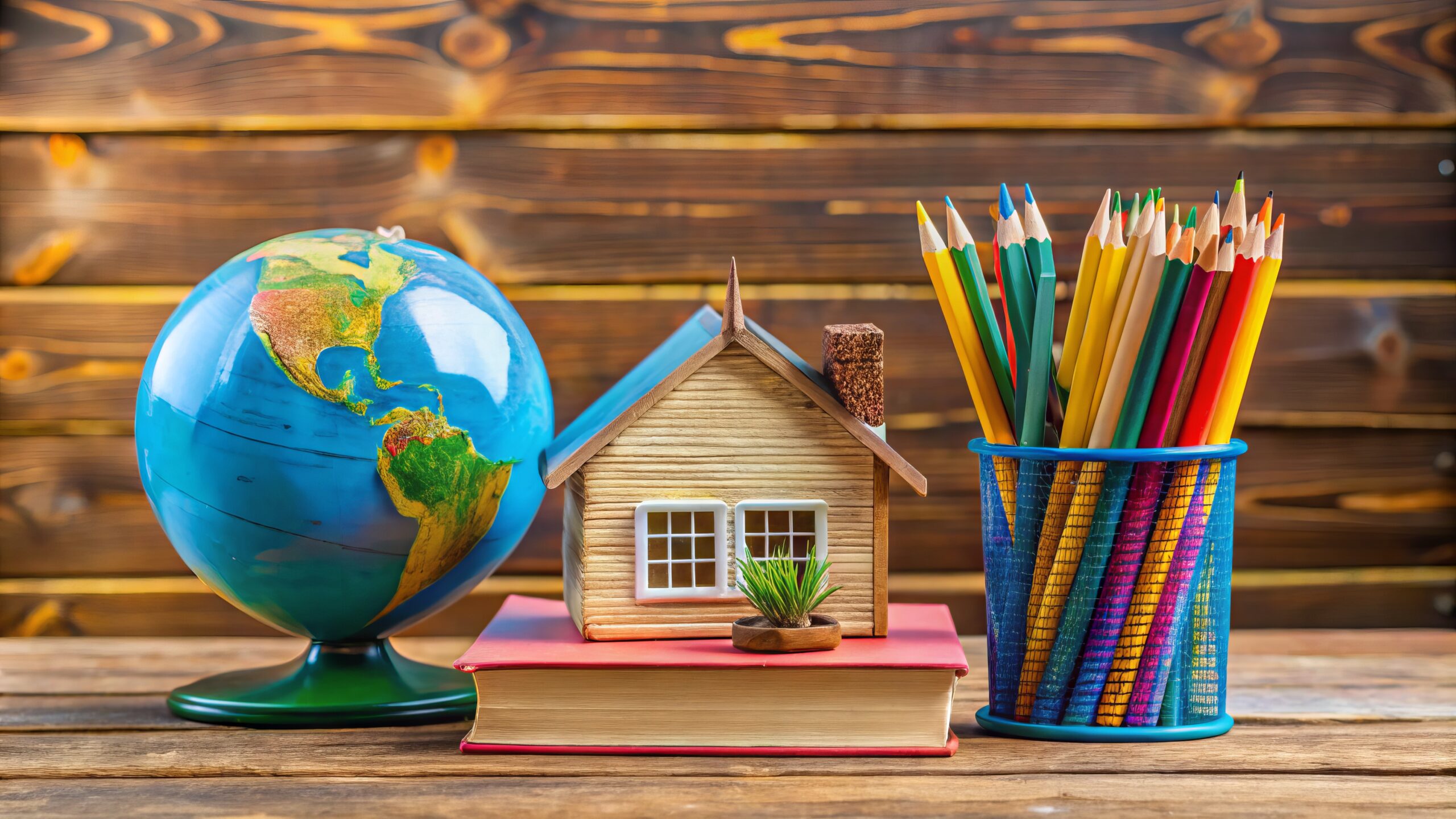 Eine bunte Anordnung von Büchern, Bleistiften und einem Globus umgibt ein Miniatur-Schulgebäude auf einem Holztisch und symbolisiert Bildung und Lernen.