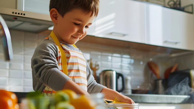 Fröhlicher kleiner Junge räumt nach dem Essen in der Küche zu Hause auf