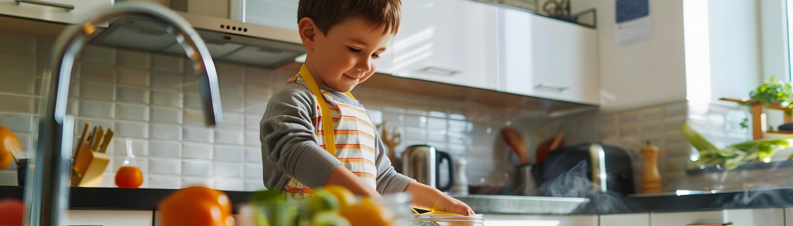 Fröhlicher kleiner Junge räumt nach dem Essen in der Küche zu Hause auf