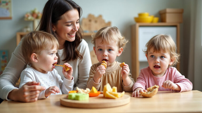 Kinder essen in der Kindertagesstätte zu Mittag. Kinder essen im Kindergarten gesundes Essen. Kindergärtnerin mit Babys am Tisch