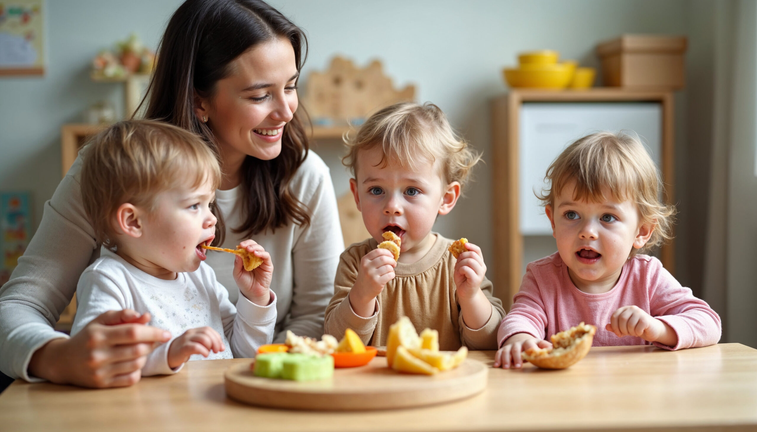 Kinder essen in der Kindertagesstätte zu Mittag. Kinder essen im Kindergarten gesundes Essen. Kindergärtnerin mit Babys am Tisch